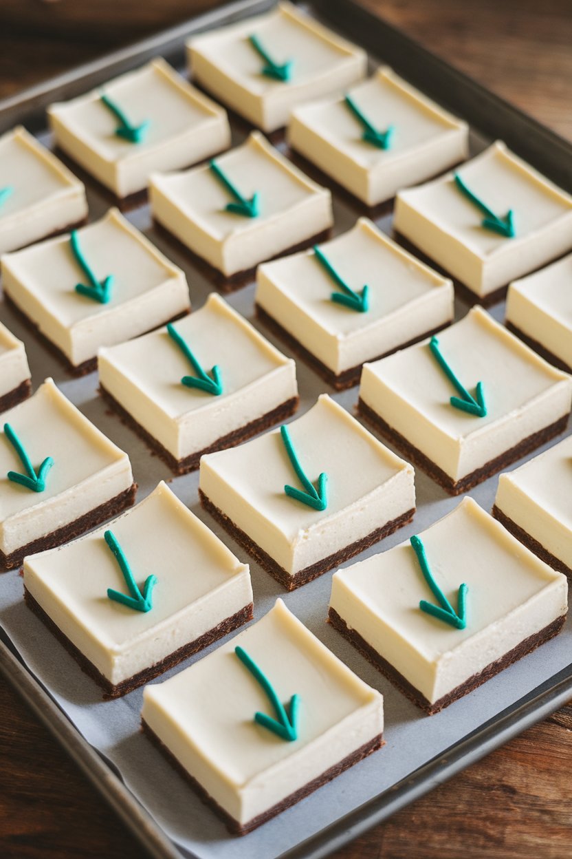 An indoor baking sheet of neat cheesecake bars, creamy white tops, thin brownie crust, small piped green arrows indicating first down—no text or logos.