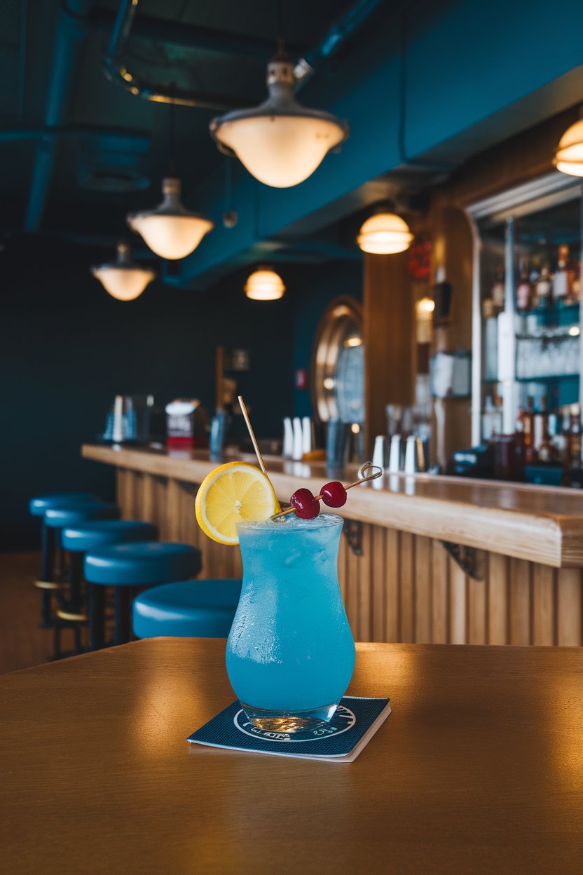 Indoor retro bar with a hurricane glass of electric blue drink, lemon wheel and cherry skewer. No text or logos.