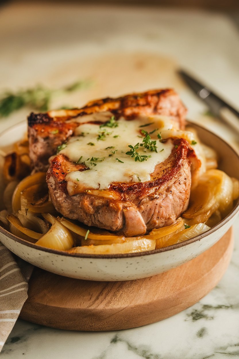 Bowl of pork chops under caramelized onions and melted Swiss cheese, indoor lighting, no text or logos.