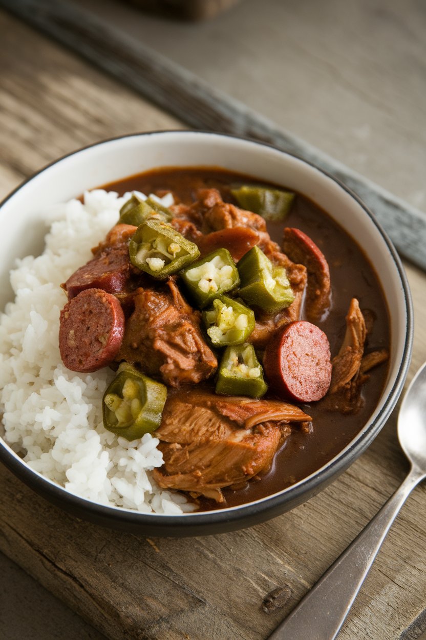 Indoor bowl of dark roux chicken gumbo with okra and sausage slices over white rice. No text or logos.