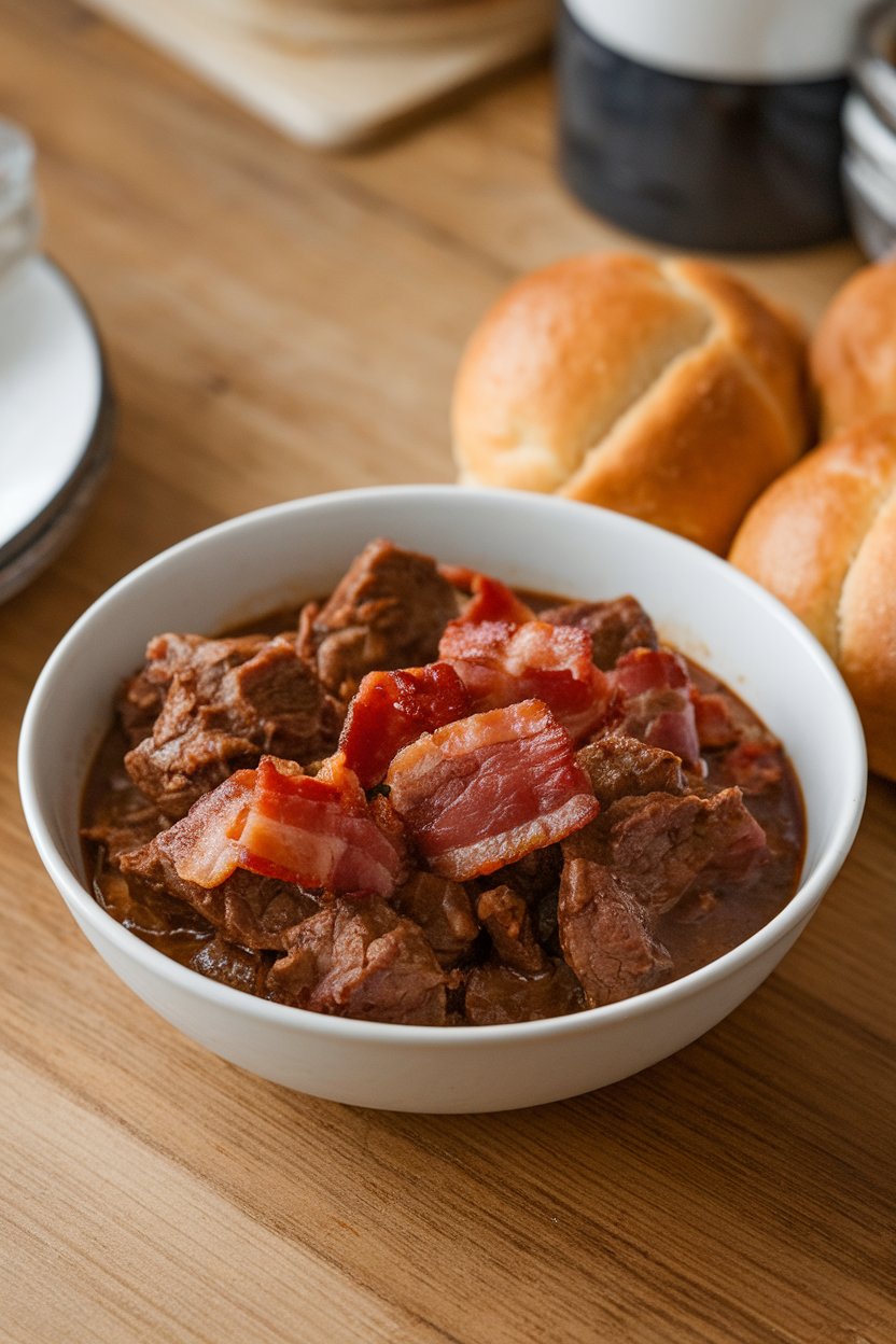 Indoor wooden table displaying a bowl of beef stew flecked with bacon pieces and a subtle sheen from maple syrup glaze. No text or logos. Photo.