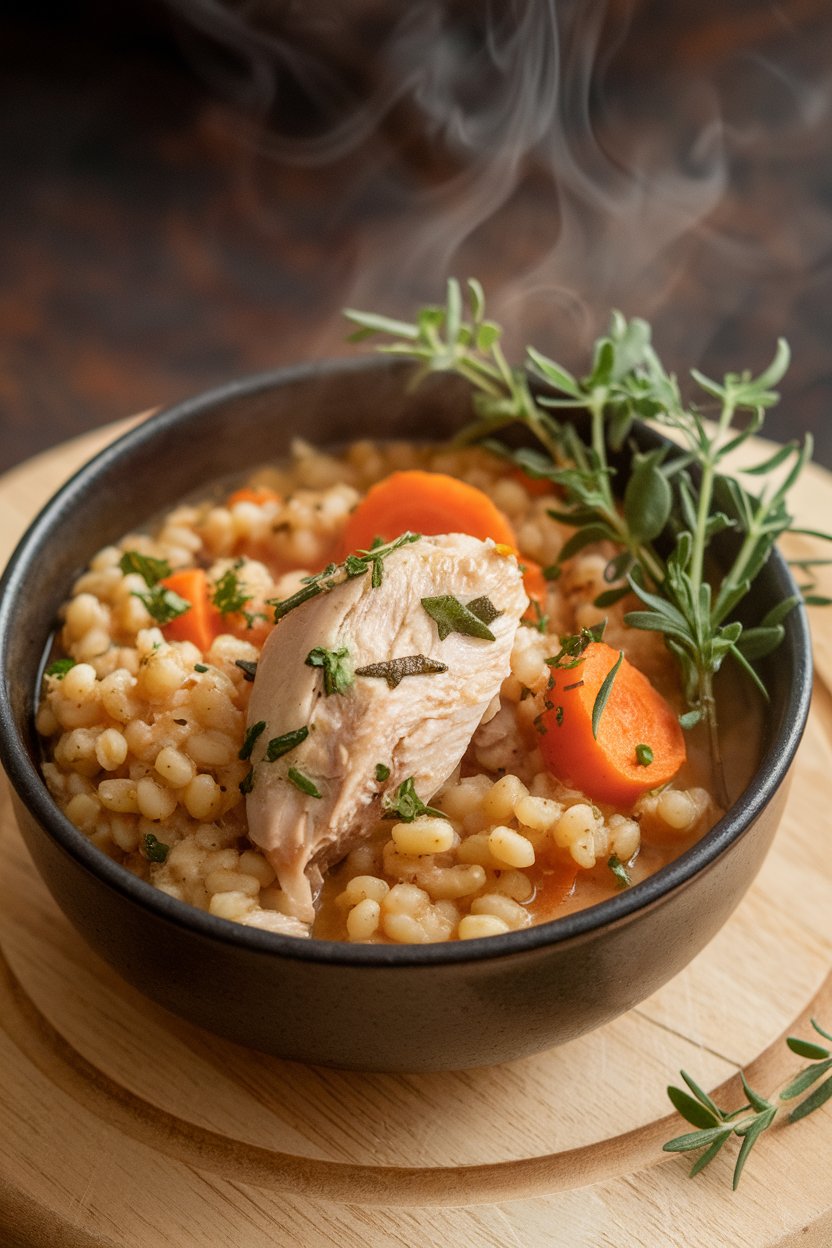 Indoor soup bowl of hearty chicken barley stew with carrots and herbs, steam visible. Photo only.