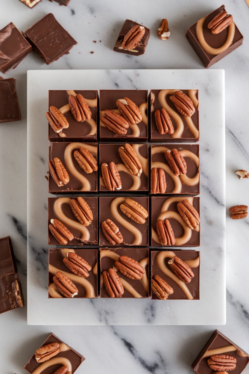 A marble indoor slab holding squares of chocolate fudge topped with caramel swirls and toasted pecans. No text or logos; photo, not illustration.