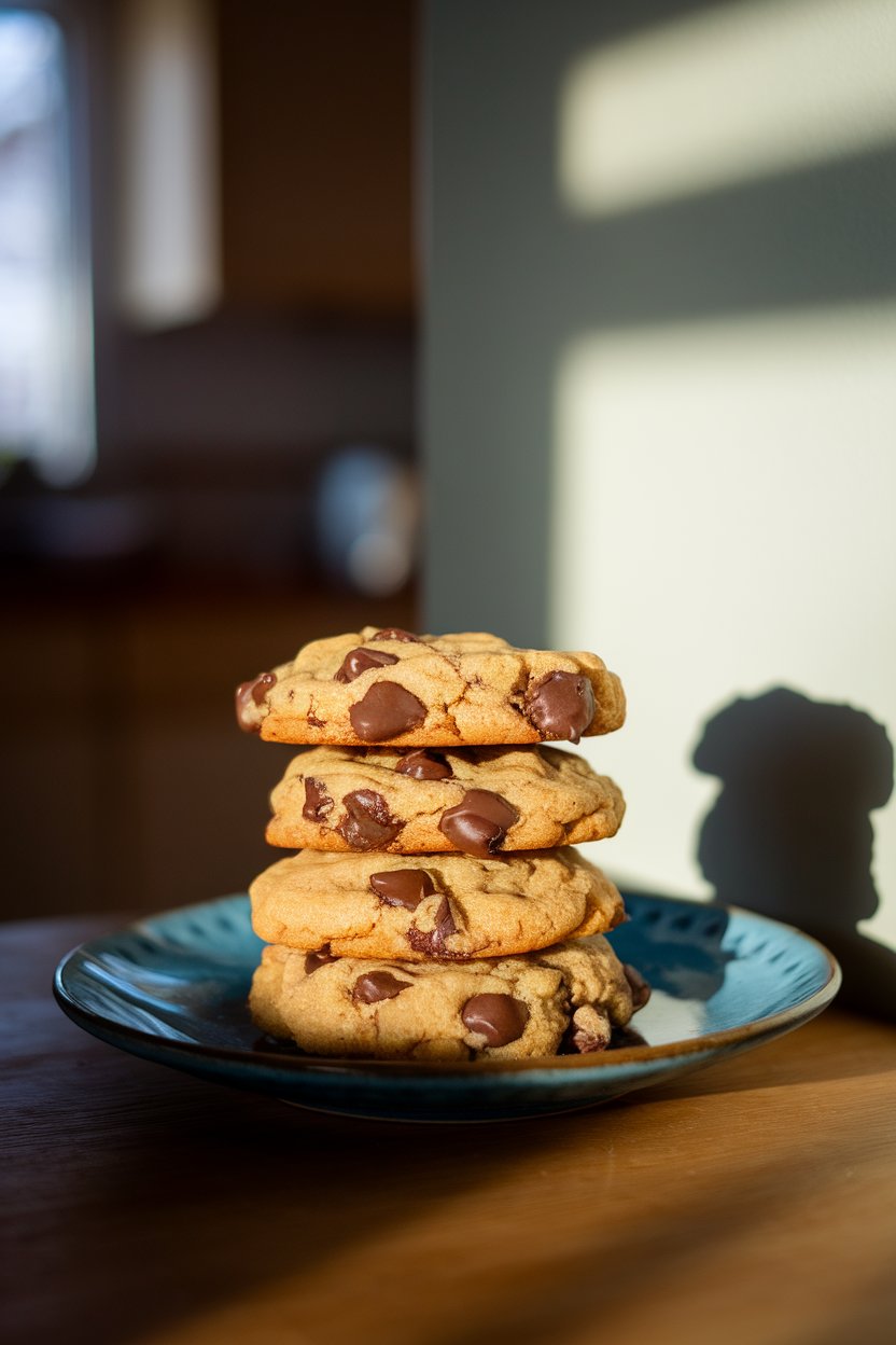 Photo of a stack of gooey chocolate chip cookies on a plate indoors, melted chips visible, no text or logos