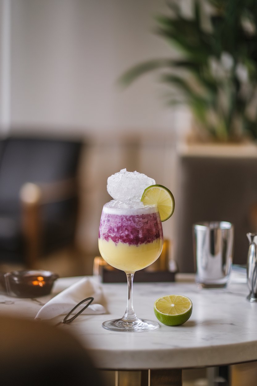 Indoor lounge table with a stemless wine glass of layered purple and yellow cocktail, crushed ice dome, lime wheel garnish, no text or logos, photo