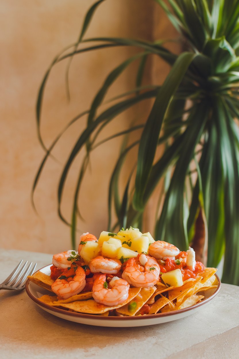Warm indoor setting of nachos with sautéed shrimp, pepper jack, and fresh pineapple salsa; no text or logos, photo not illustration.