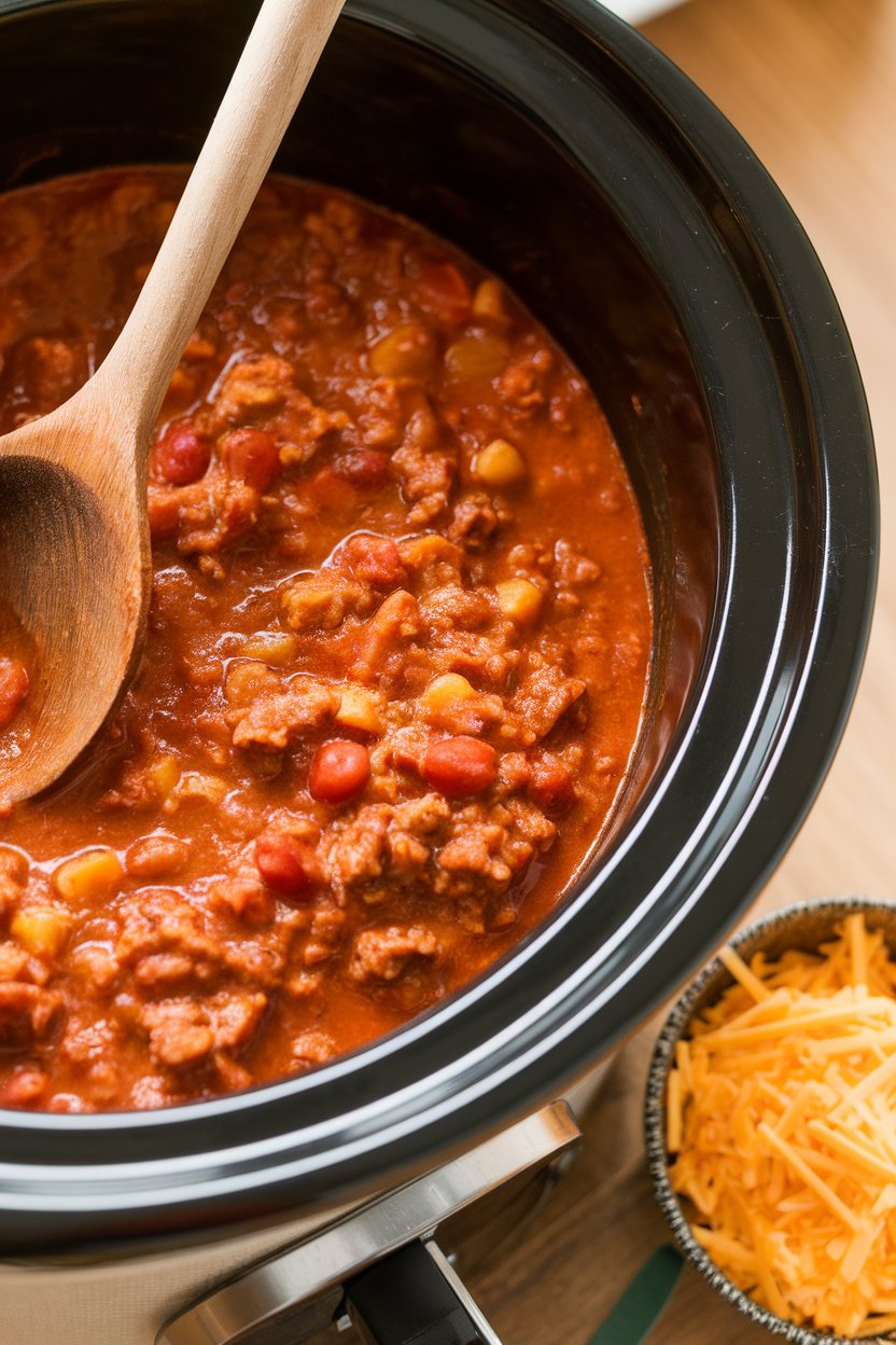 An indoor slow cooker filled with hearty turkey chili, ladle resting on the rim, with a bowl of shredded cheese nearby. No text or logos. Photo, not illustration.
