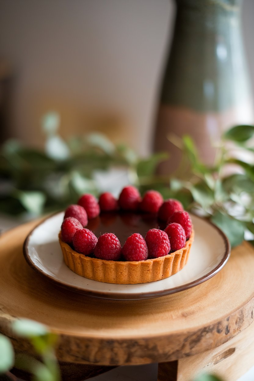 A petite tart with glossy chocolate ganache and a ring of fresh raspberries, placed on a small indoor dessert plate. No logos visible.