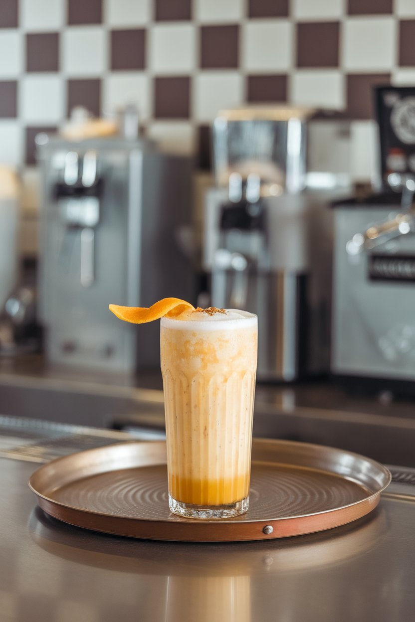 Indoor soda fountain scene with a tall glass of creamy orange drink, tiny bubbles, orange twist on top. No text or logos.