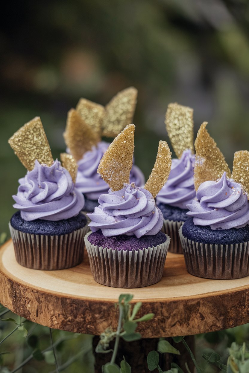 Indoor photo of violet blueberry cupcakes with golden sugar shards sticking up, no text or logos