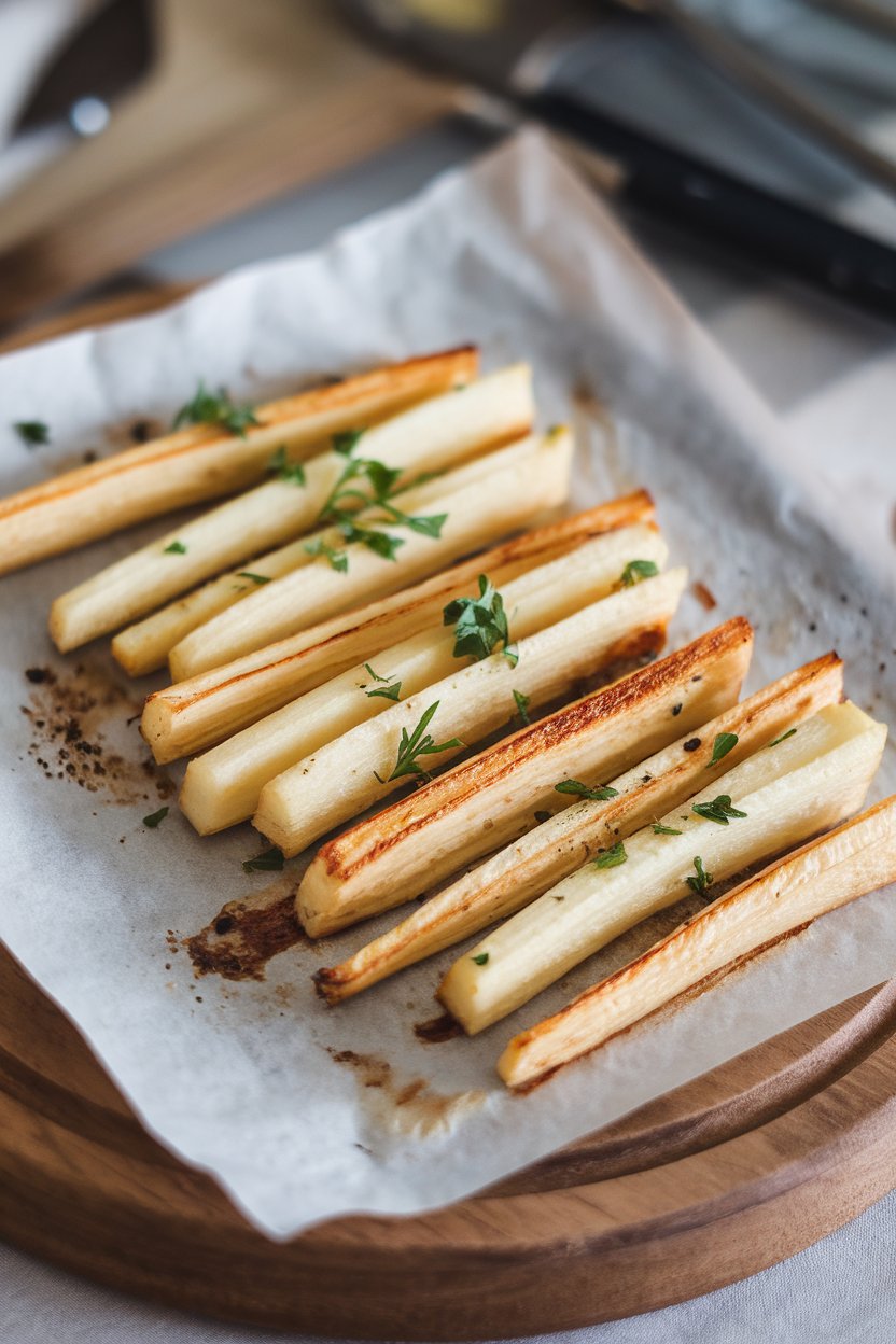 Indoor photo of roasted parsnip sticks on parchment, lightly browned with parsley sprinkle, no text or logos