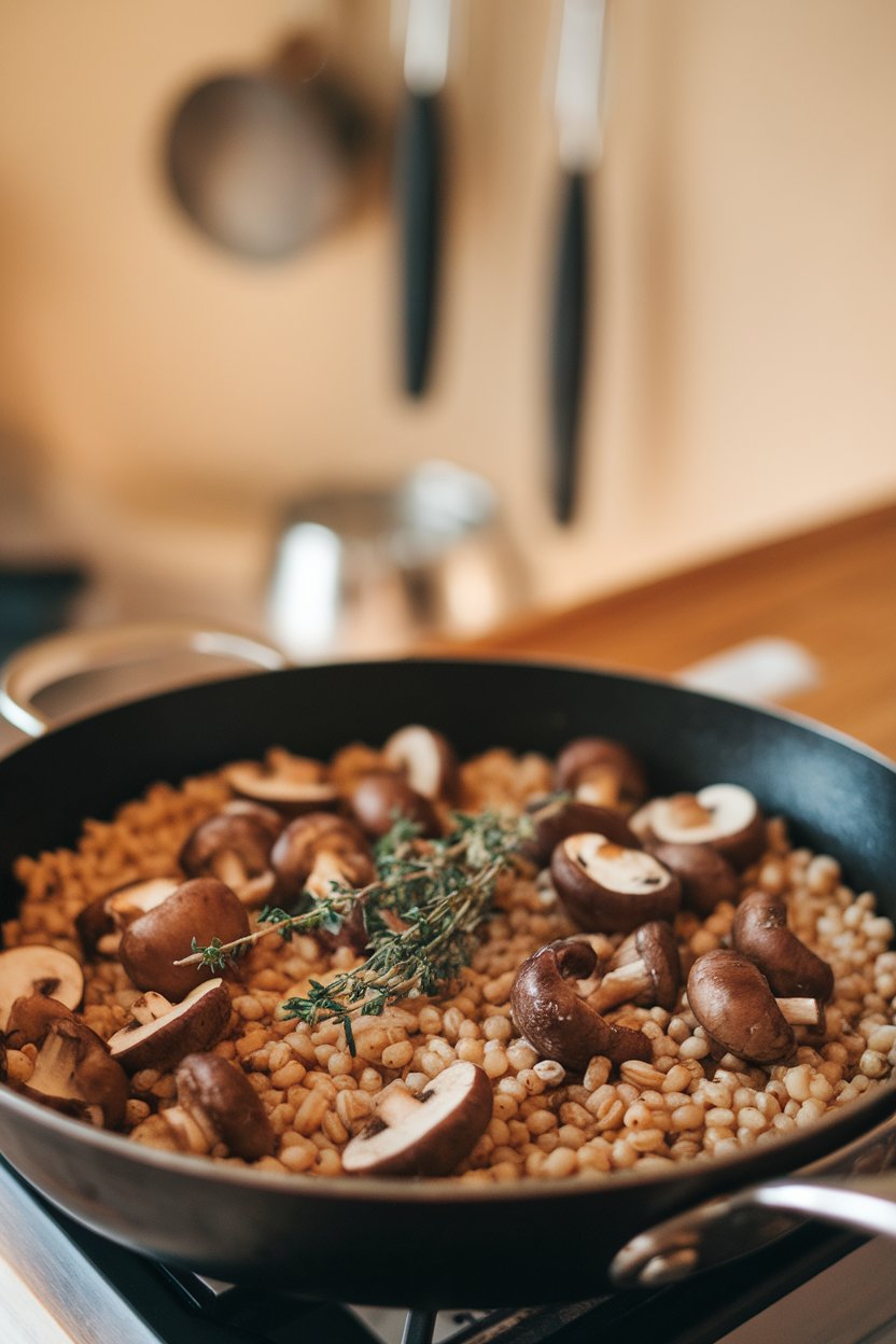 Indoor photo of a skillet containing cooked barley studded with sautéed mushrooms and fresh thyme leaves. No text or logos.