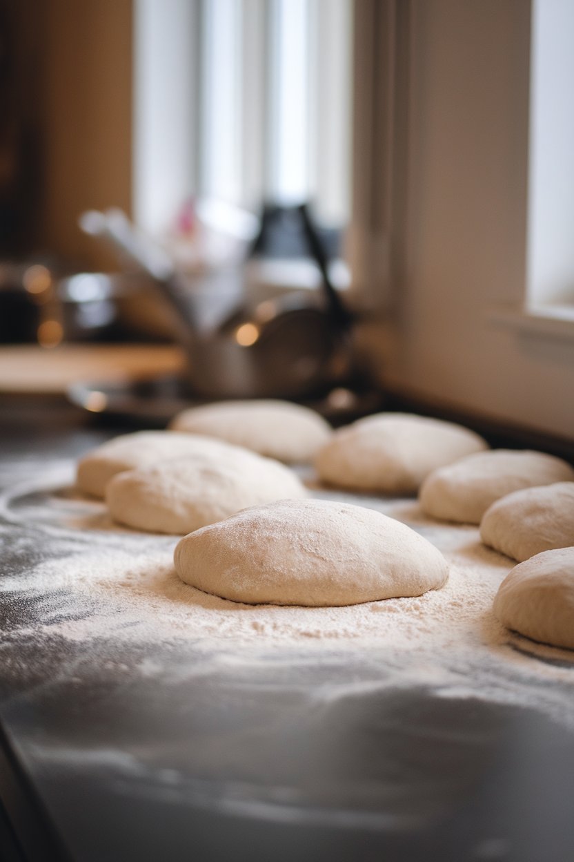 Indoor counter dusted with flour, several smooth pizza dough balls resting. No text or logos.