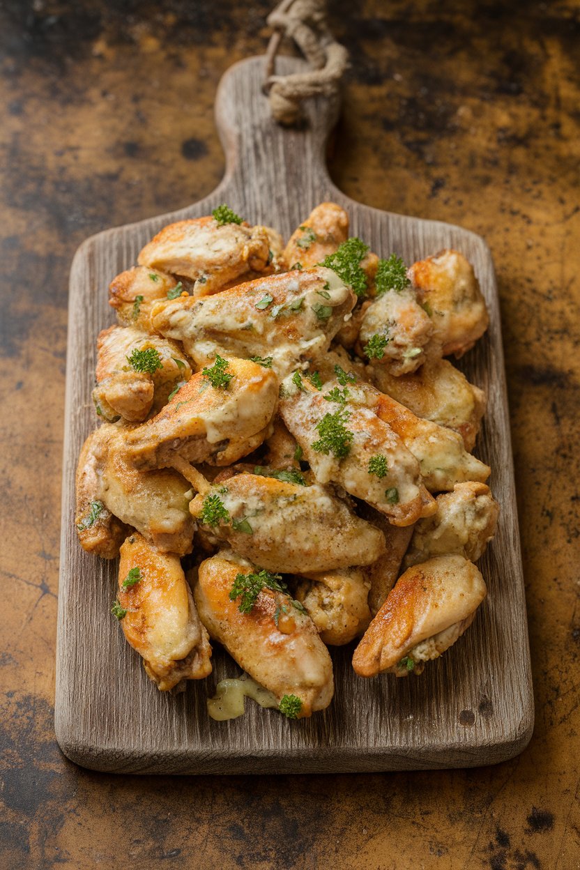An indoor rustic board piled with baked chicken wings tossed in garlic-parmesan butter, parsley scattered on top. No text or logos. Photo, not illustration.