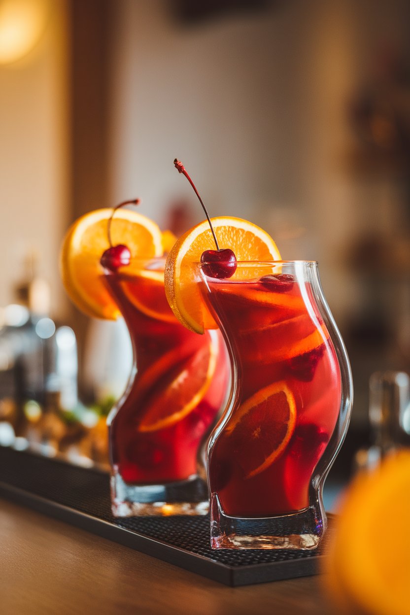 Indoor bar top showing two curved hurricane glasses filled with red rum punch, garnished with orange slices and cherries. Photo, no text or logos.