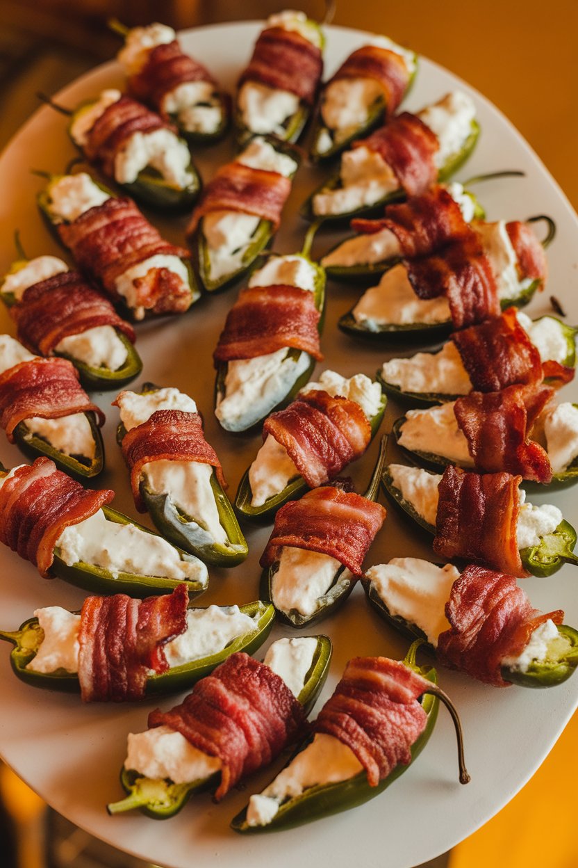 Indoor tabletop image of halved jalapeños stuffed with creamy cheese, wrapped in crisped bacon, arranged on a white platter. Warm lighting, no logos or text.