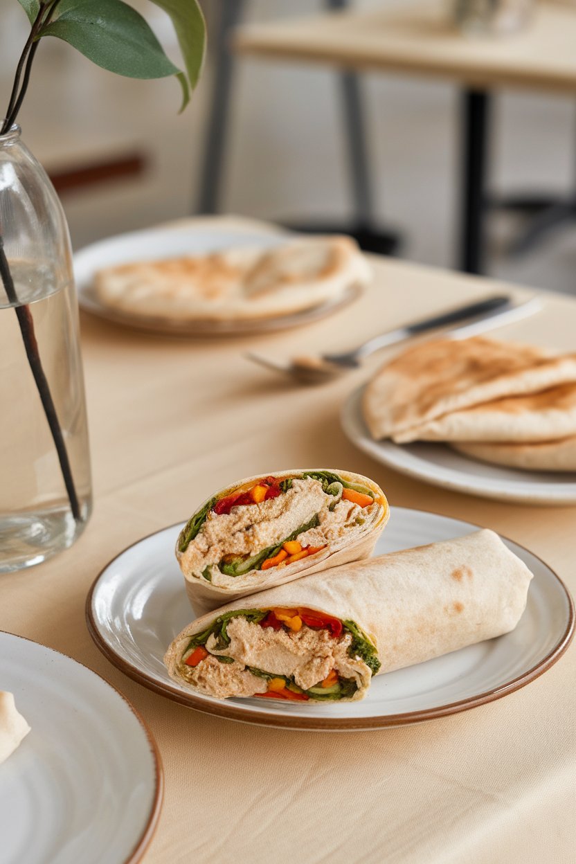 An indoor café-style table displaying a sliced wrap filled with colorful vegetables and hummus spread; no text or logos. Photo only.