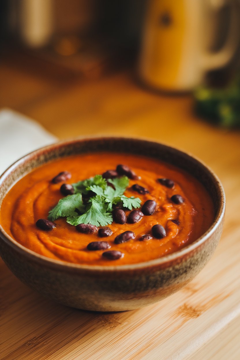 Indoor bowl of deep orange sweet potato soup dotted with black beans and garnished with cilantro. No text or logos. Photo.