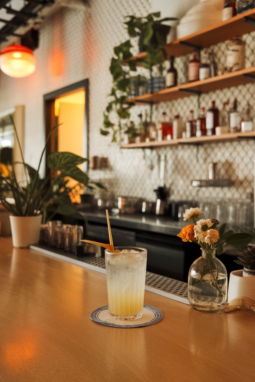 Indoor Asian-inspired bar with a clear glass of pale yellow drink, thin lemongrass stalk stirrer. No text or logos.