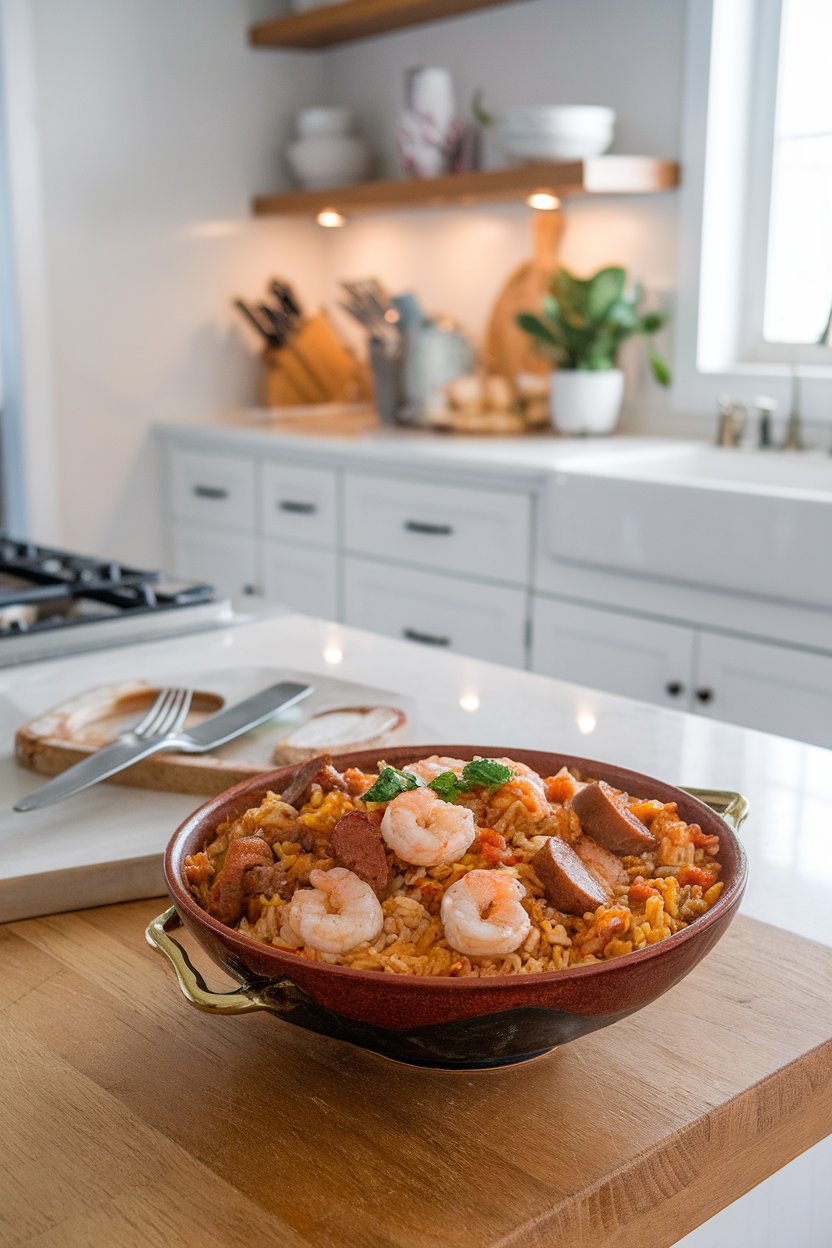 An indoor kitchen island showing a bowl of jambalaya packed with sausage, chicken, and shrimp over rice, vibrant Cajun colors; photo only, no text or logos.