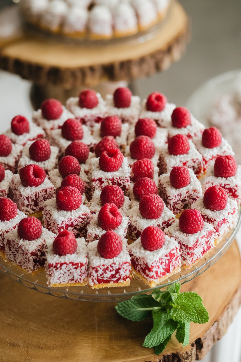 An indoor pastry platter of square sponge cakes coated in raspberry icing and rolled in shredded coconut. Photo, no text or logos.