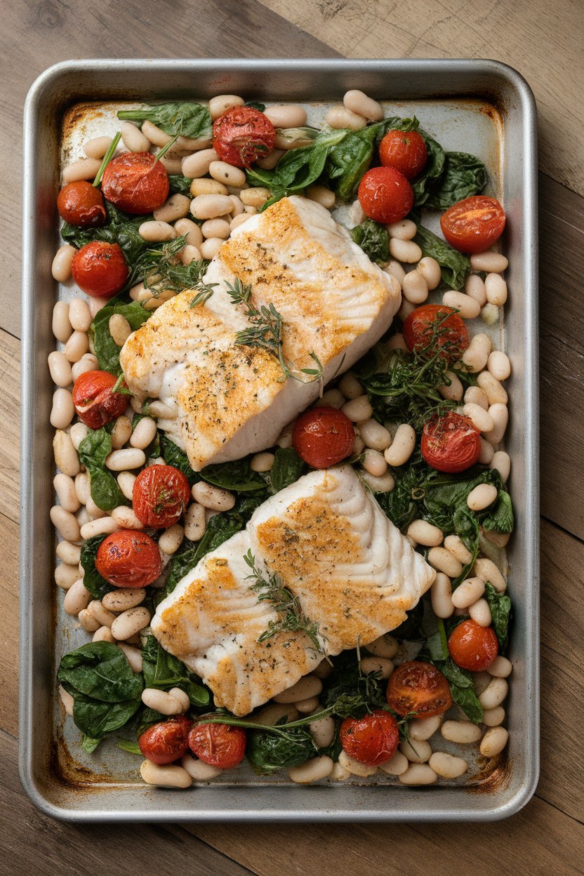 Indoor photo of baked cod fillets atop cannellini beans, cherry tomatoes, and spinach with Italian herbs on a sheet pan; no logos