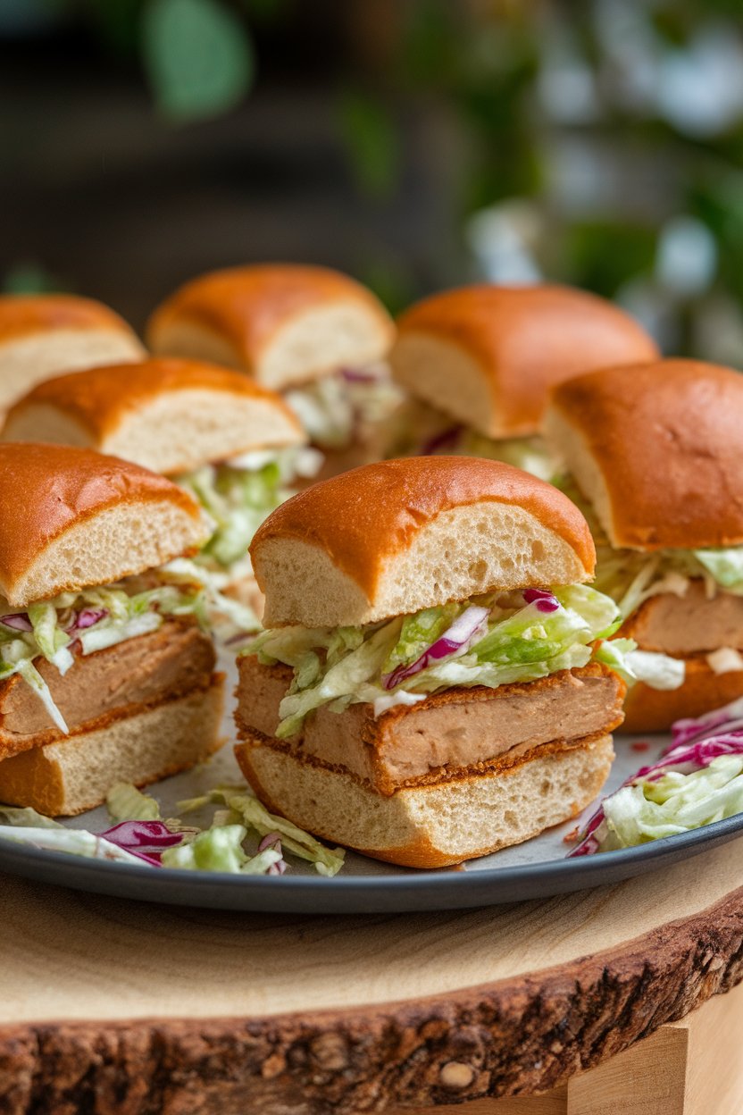 Photo indoors of tempeh sliders on whole-grain mini buns with coleslaw, arranged on a platter, no text.