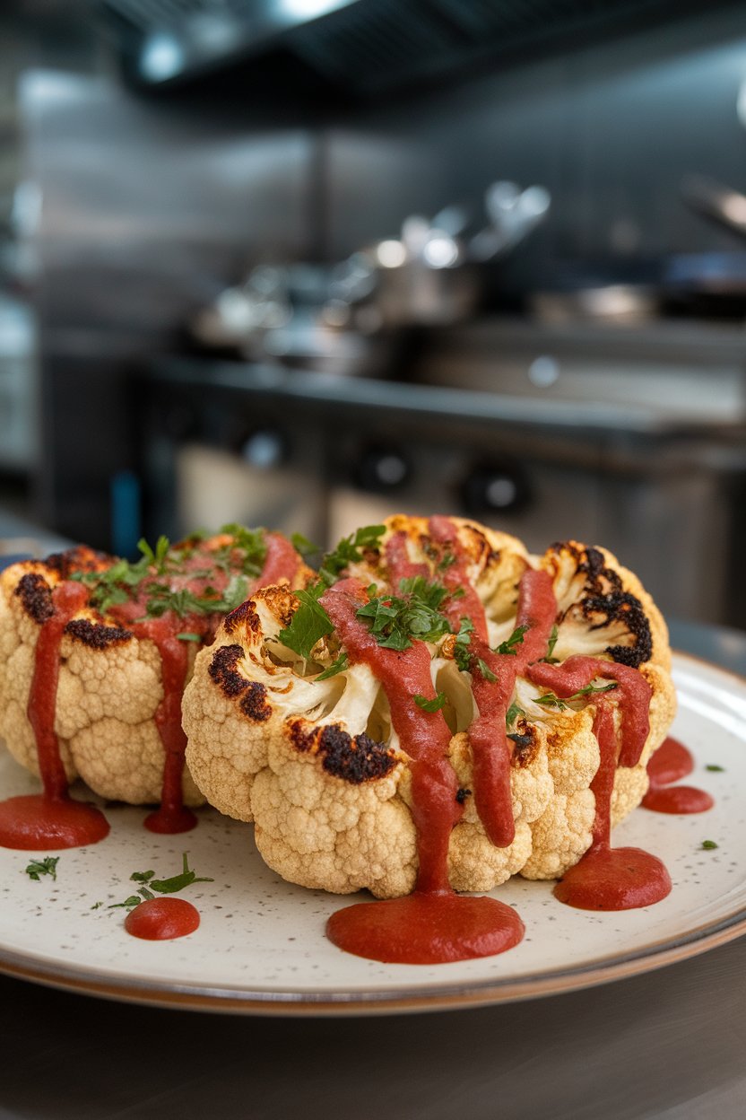 Indoor photo of thick roasted cauliflower slabs drizzled with smoky red romesco sauce, garnished with chopped parsley. No text or logos.
