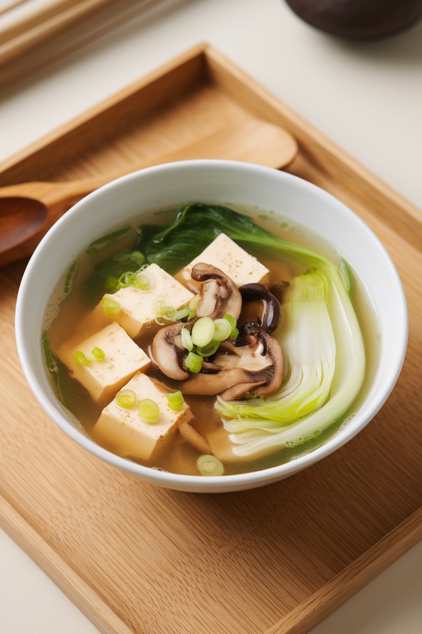 Indoor close-up of clear miso soup—cubed tofu, baby bok choy, mushrooms, and scallions in light broth. No text or logos. Photo.