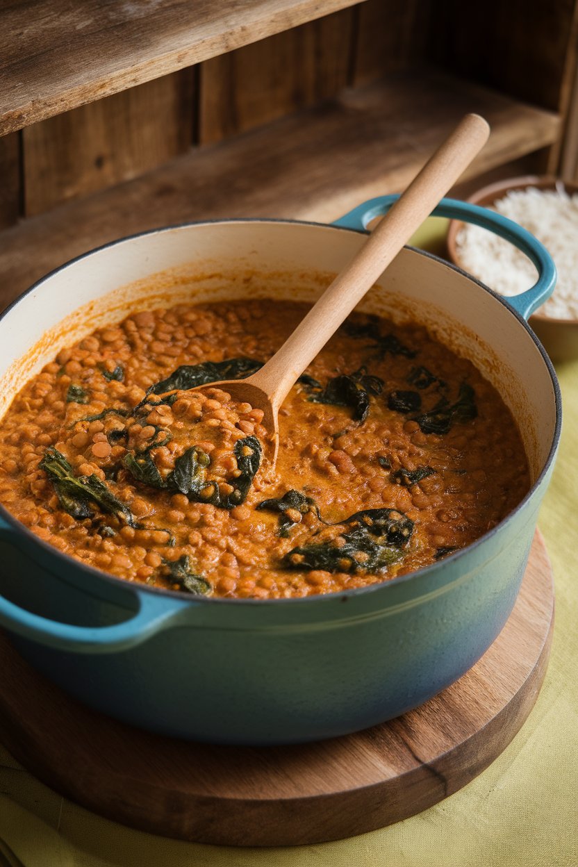 Photo of a Dutch oven filled with thick lentil curry dotted with spinach leaves, ladle resting inside, shot indoors. No text or logos.