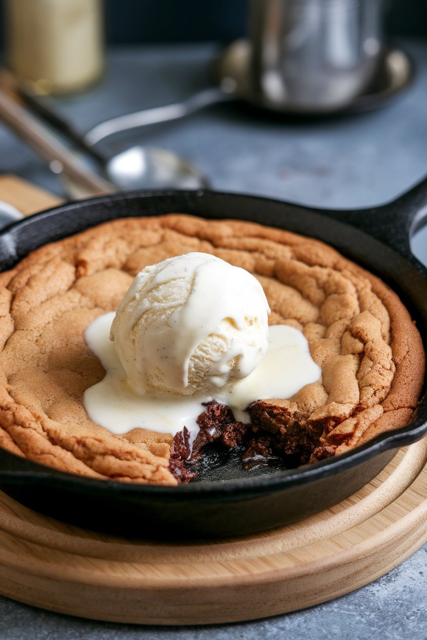 Indoor photo of a cast-iron skillet cookie fresh from the oven, gooey center, and melting vanilla ice cream on top. No text or logos.