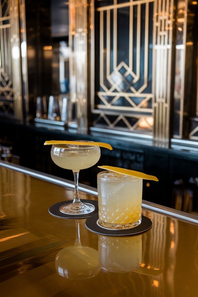 Indoor art-deco bar with coupe of pale yellow clarified cocktail, long lemon coin, no text or logos, photo