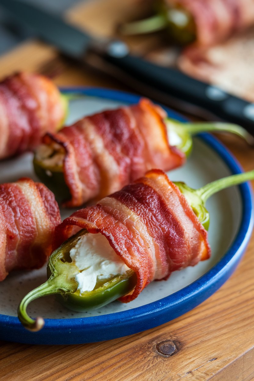 Photo of baked jalapeño poppers stuffed with cream cheese and wrapped in bacon on a ceramic plate indoors, no text or logos