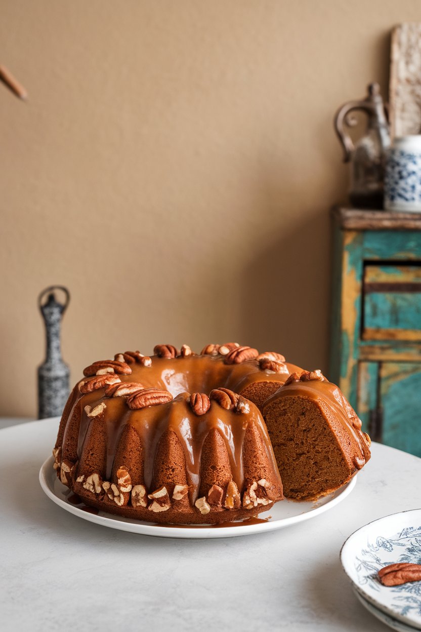 Indoor photo of a Bundt cake glazed with caramel and studded with chopped pecans, one slice leaning outward. No text or logos.