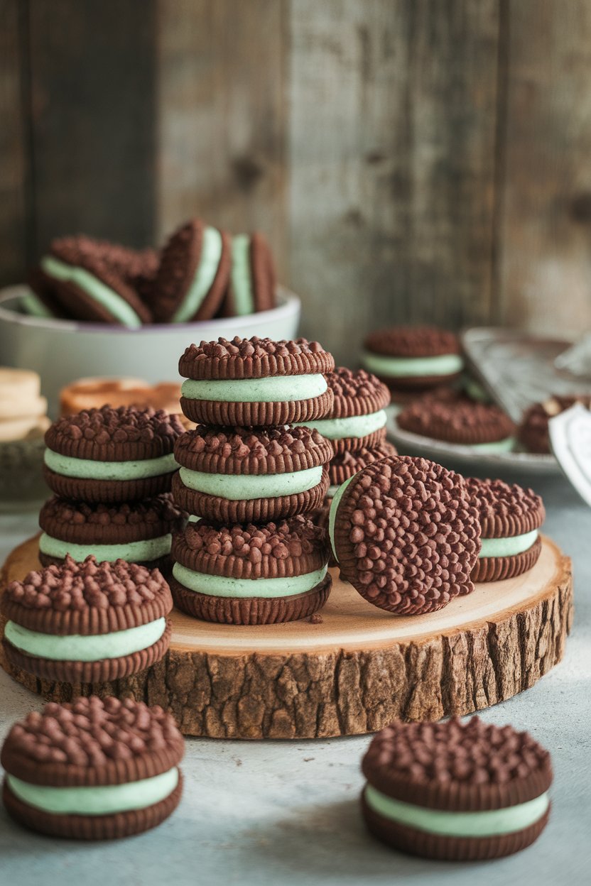 An indoor cookie display showing chocolate cookies filled with pale green mint cream and rolled in mini chocolate chips. No text or logos.