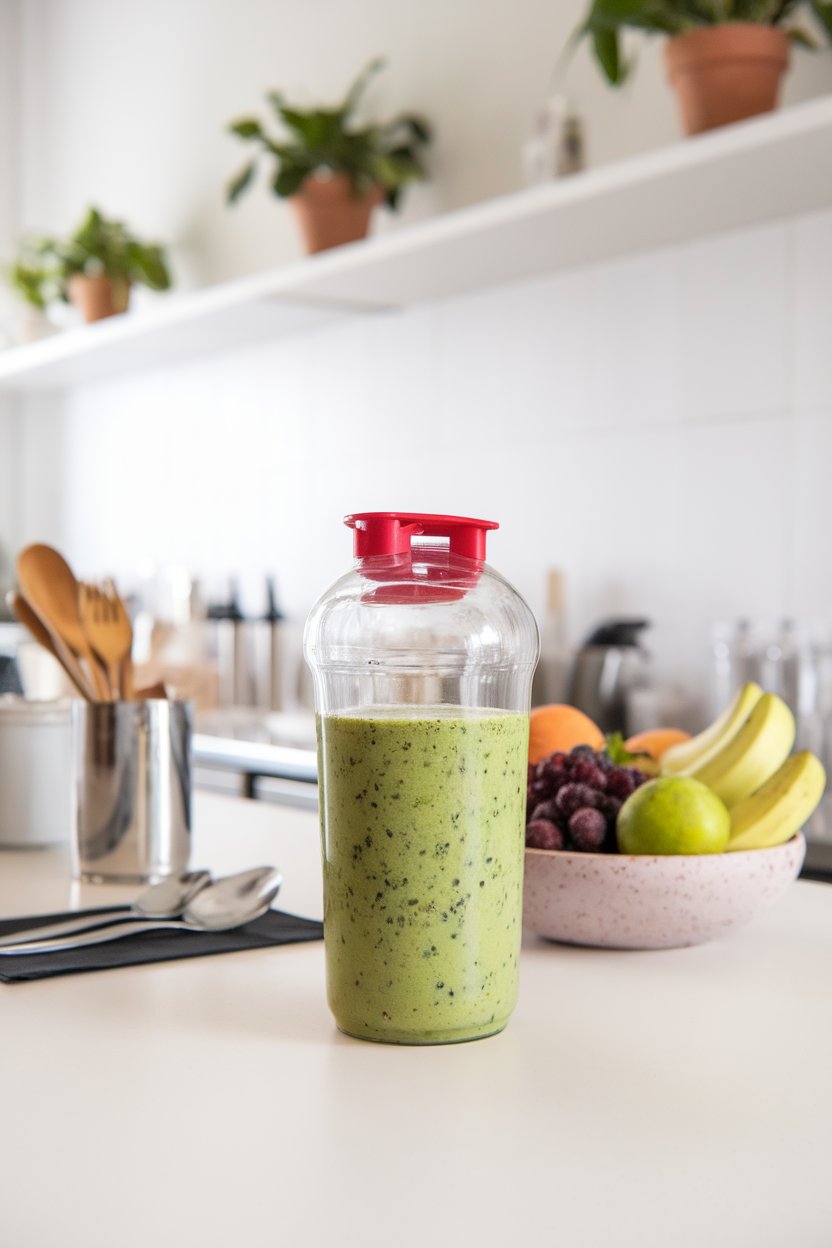 An indoor health café counter with a clear shaker bottle of vivid green kiwi spinach smoothie, seeds visible. No logos or text. Photo.