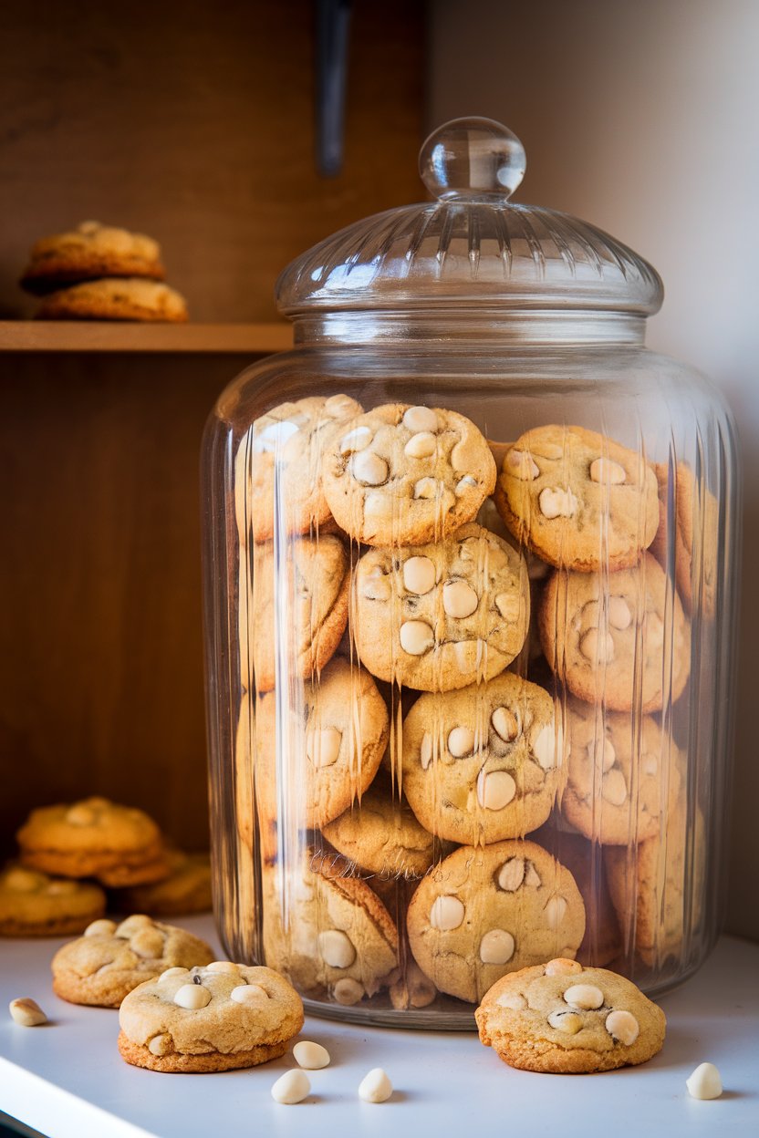 Indoor cookie jar overflowing with golden cookies studded with white chocolate chunks and macadamia nuts. No text or logos; photo, not illustration.