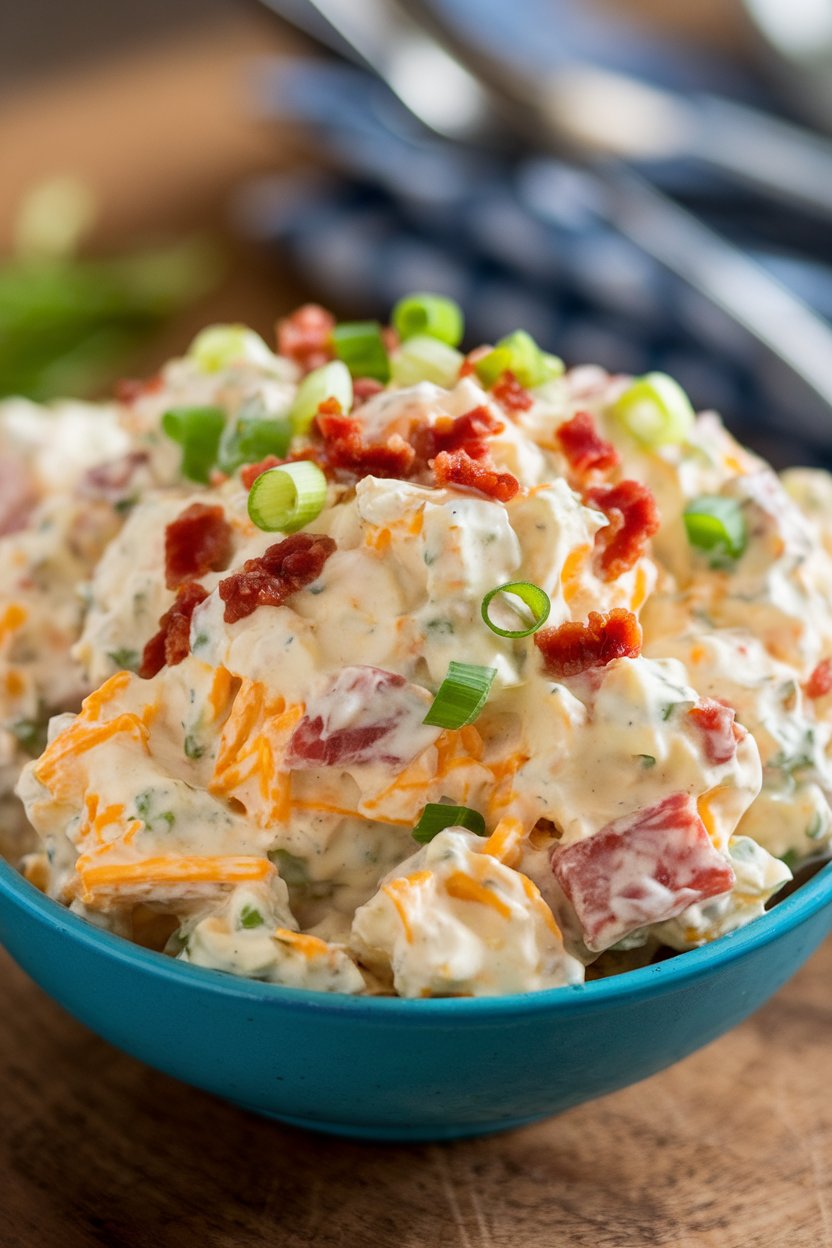 Indoor photo of a bowl of creamy potato salad dotted with cheddar cubes, bacon bits, and green onions. No text or logos.