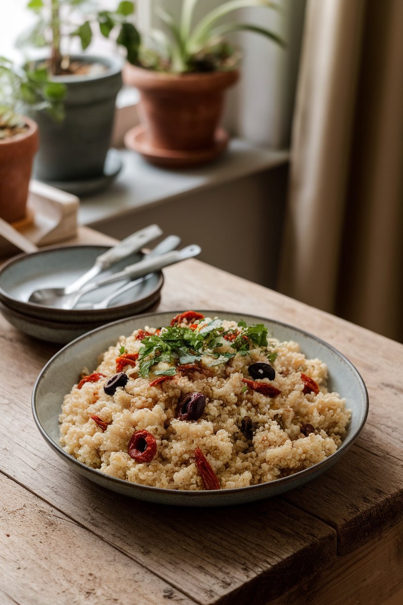 Indoor scene featuring a serving bowl of fluffy quinoa dotted with sun-dried tomatoes, olives, and chopped parsley. No text or logos present.
