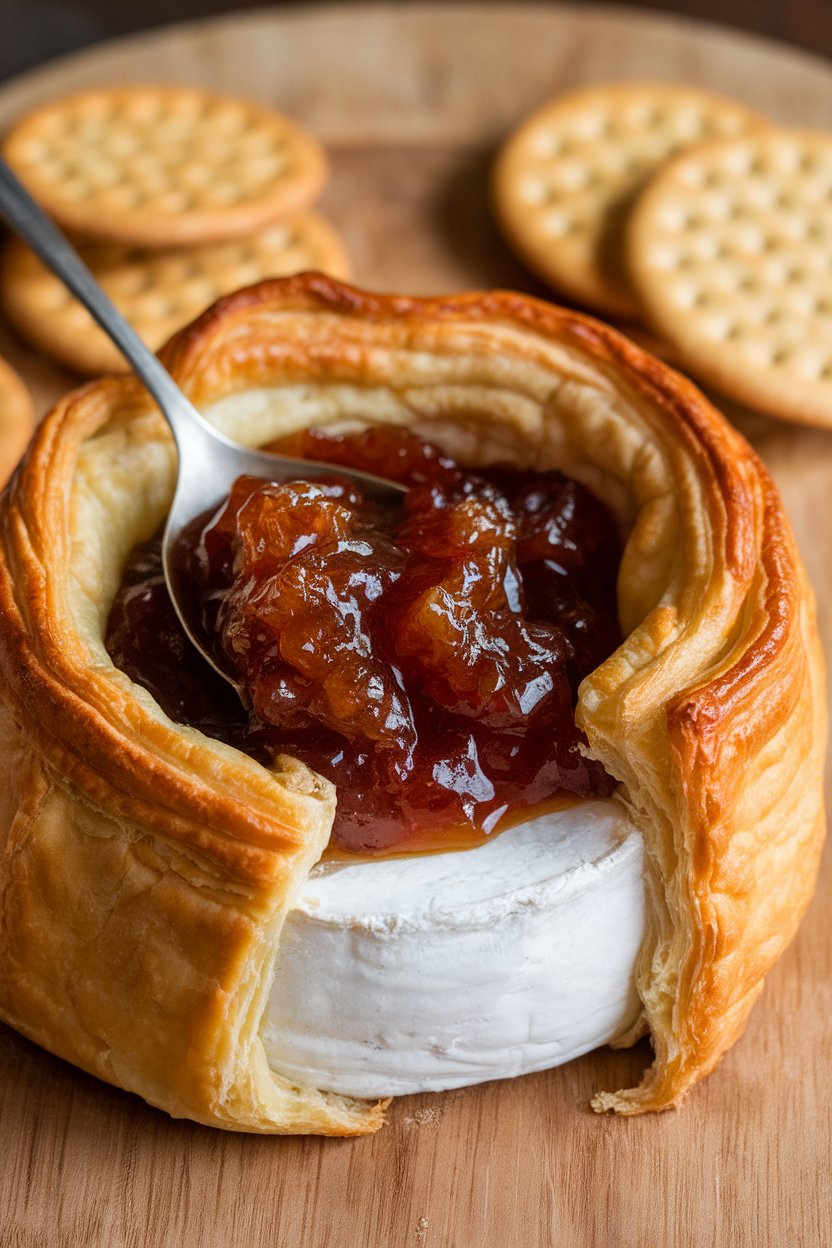 Indoor photo of a wheel of brie in puff pastry oozing cheese, spoonful of fig jam on top, crackers nearby, no text or logos.