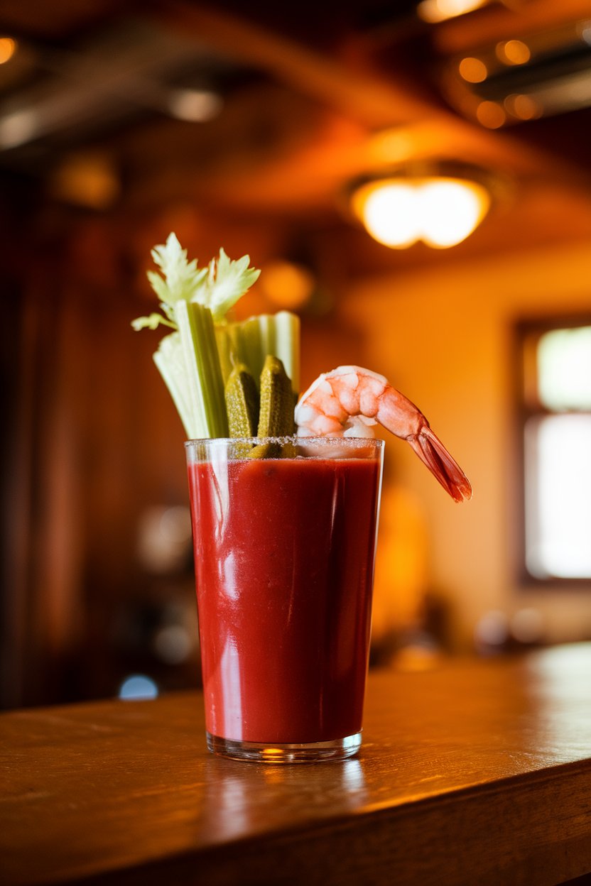 Photo of a tall pint glass indoors with a deep red Bloody Mary garnished with pickled okra, celery, and a boiled shrimp, warm kitchen lighting, no text or logos