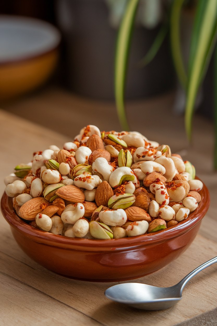 Indoor photo of a ceramic dish filled with glazed mixed nuts flecked with chili flakes, spoon nearby. No text or logos.