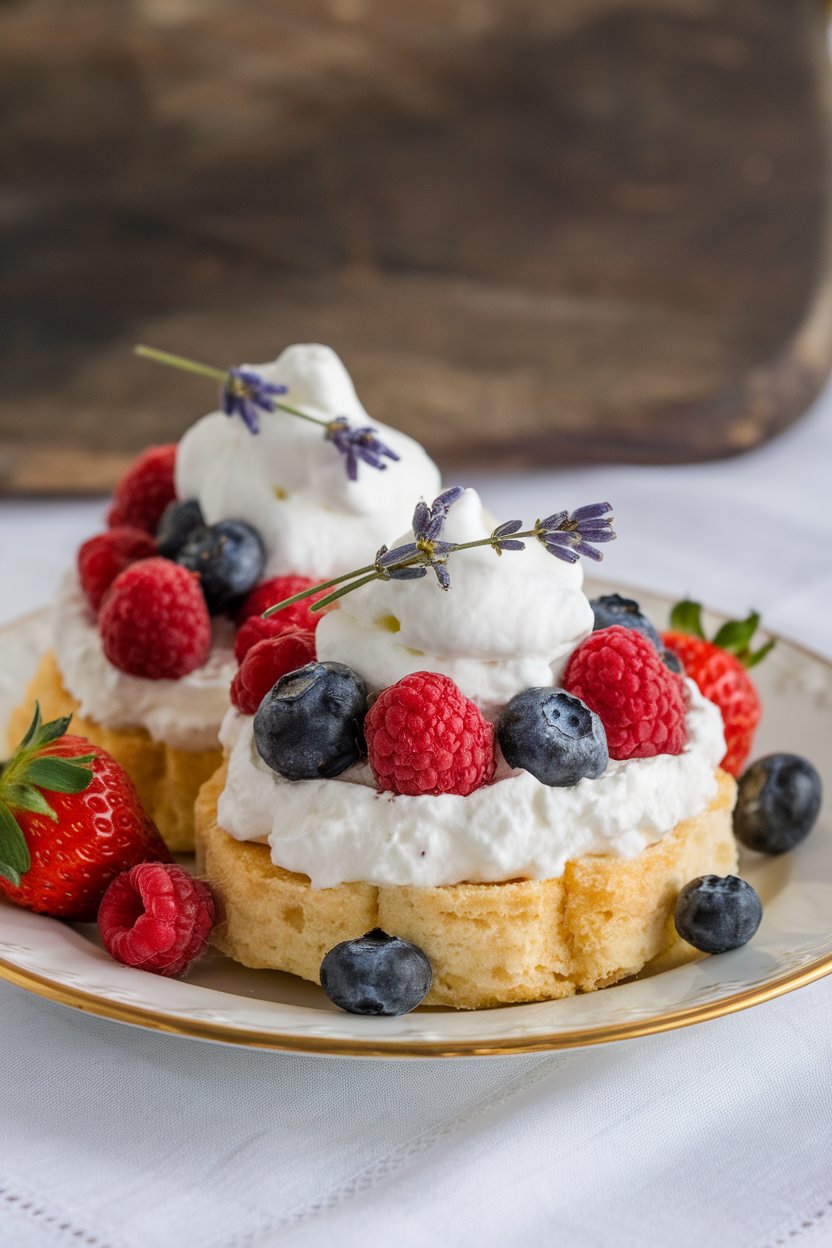 An indoor dessert plate holding split shortcakes layered with whipped cream and honey-glazed berries, lavender buds sprinkled lightly. Photo, no text or logos.