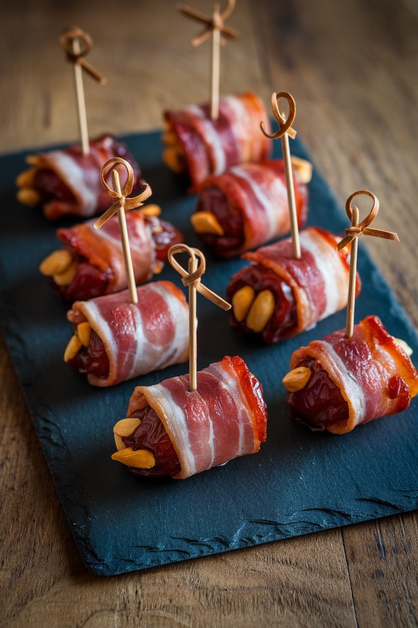 Indoor photo of glistening bacon-wrapped dates on a slate board, toothpicks inserted for serving. No logos present.