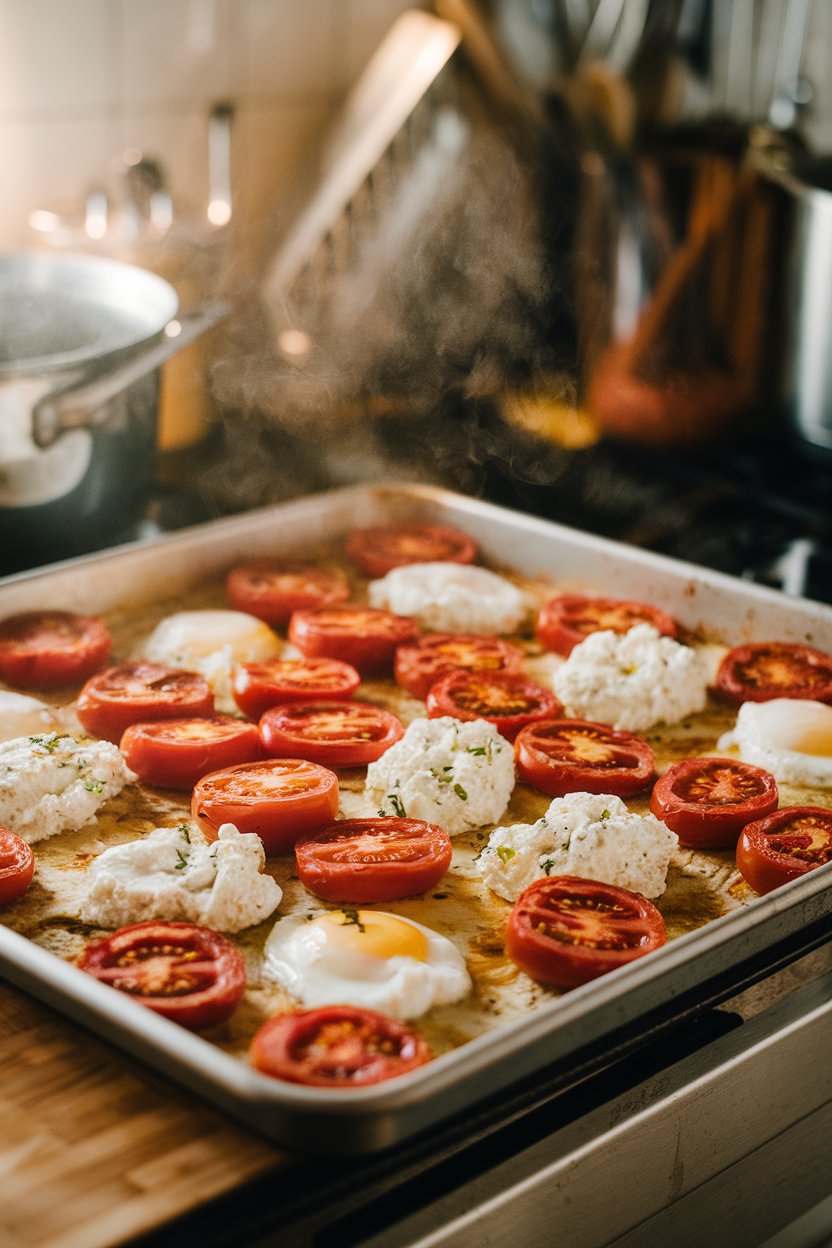 Indoor kitchen photo of a sheet pan lined with dollops of herbed ricotta, sliced roasted tomatoes, and baked eggs, steam visible. No text or logos.