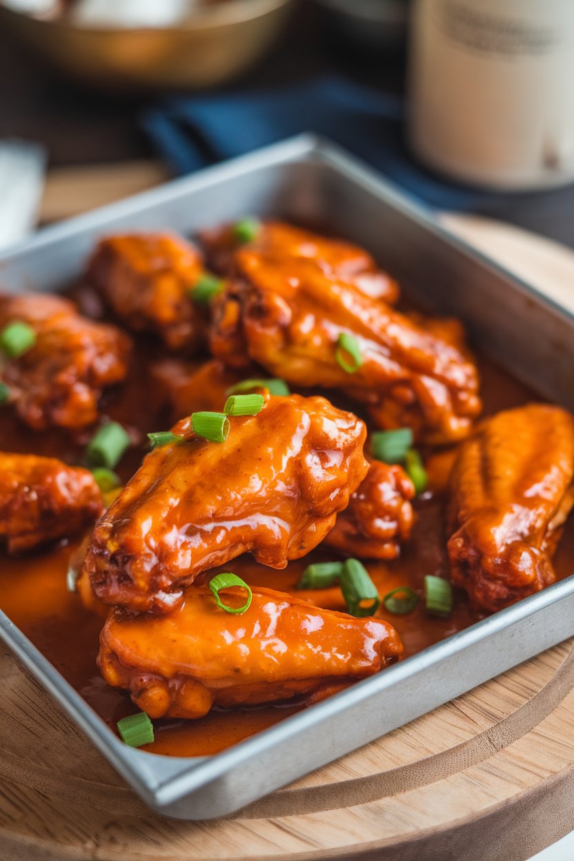 Indoor metal tray of glazed baked wings in mango habanero sauce, no text or logos
