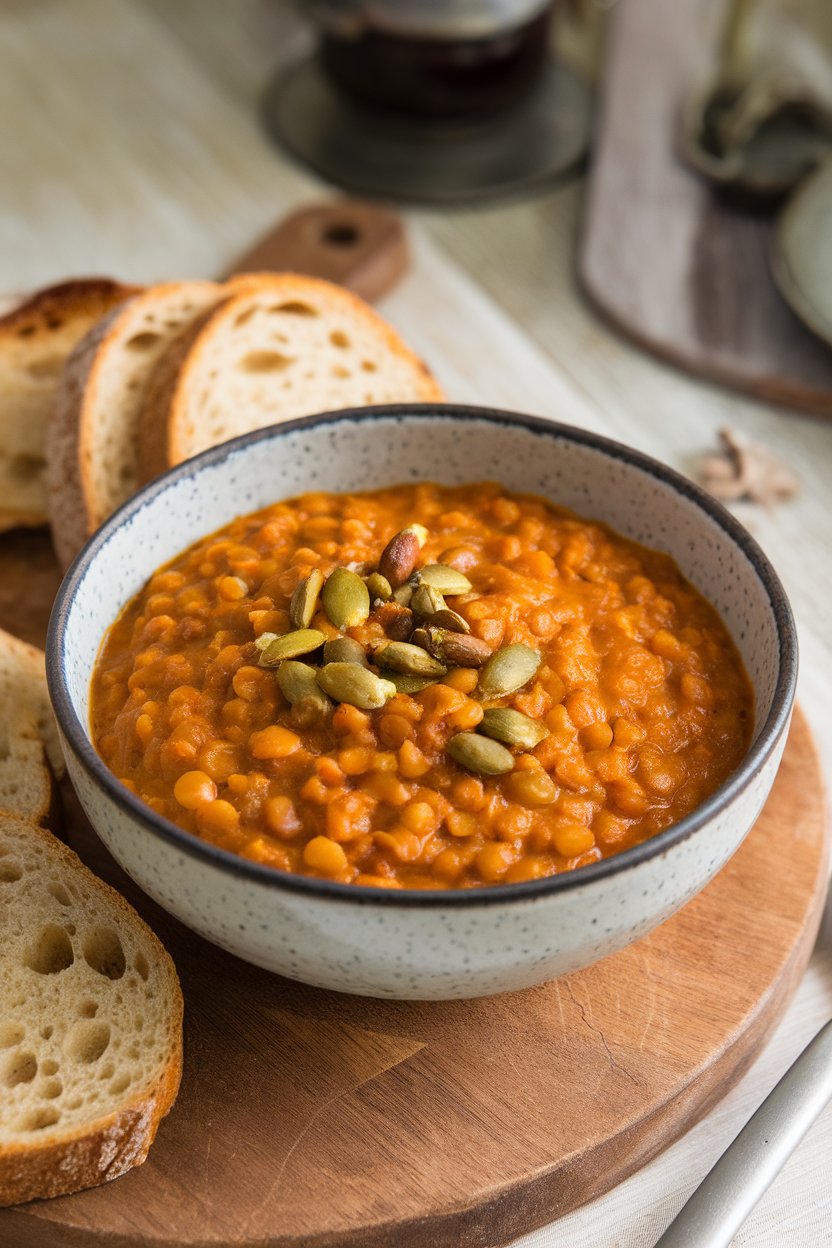 Indoor bowl of thick lentil stew tinted orange from pumpkin, topped with pepitas; no text or logos; photograph.