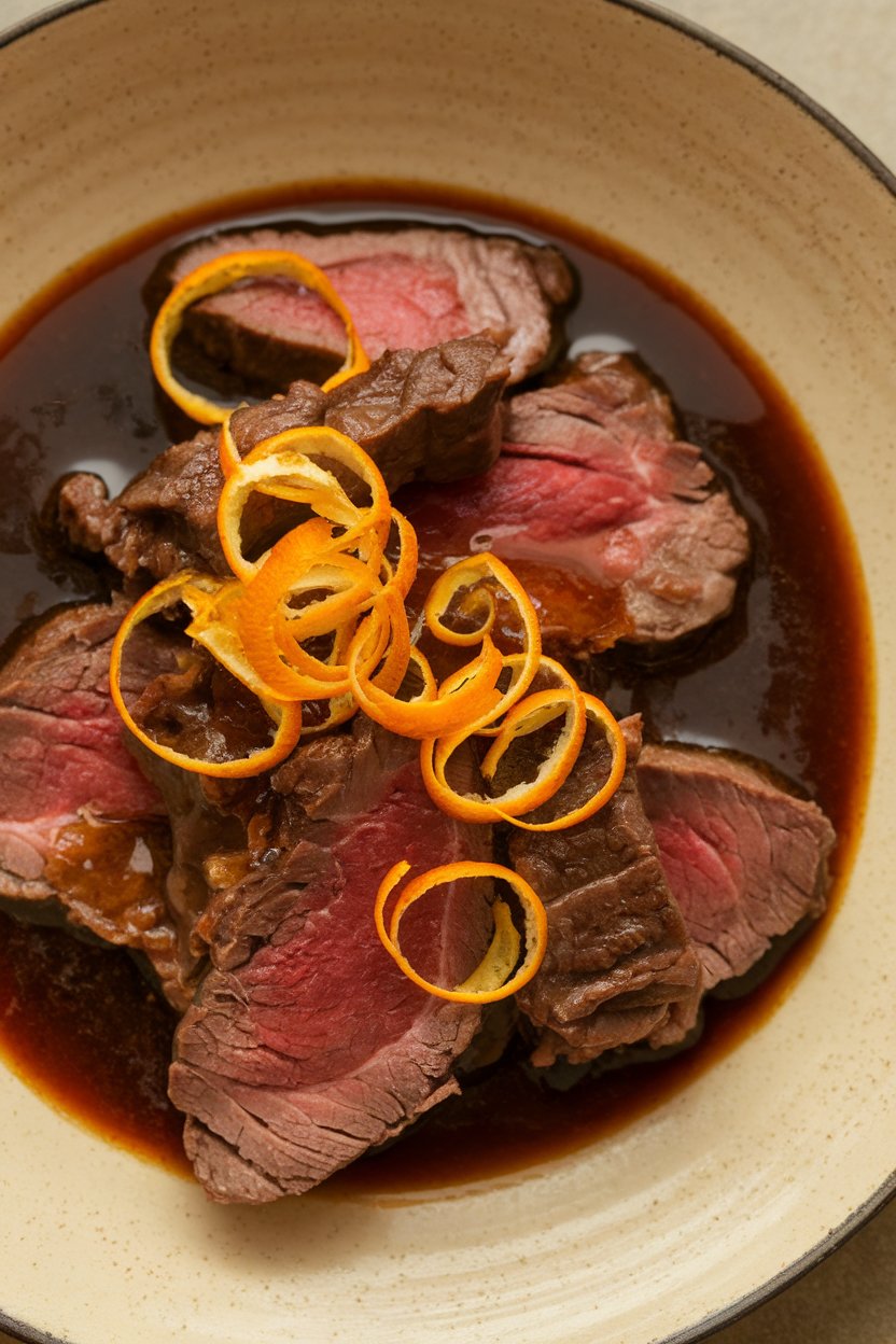 Indoor dish showing beef slices in dark hoisin-orange sauce, orange zest curls on top. No text or logos.