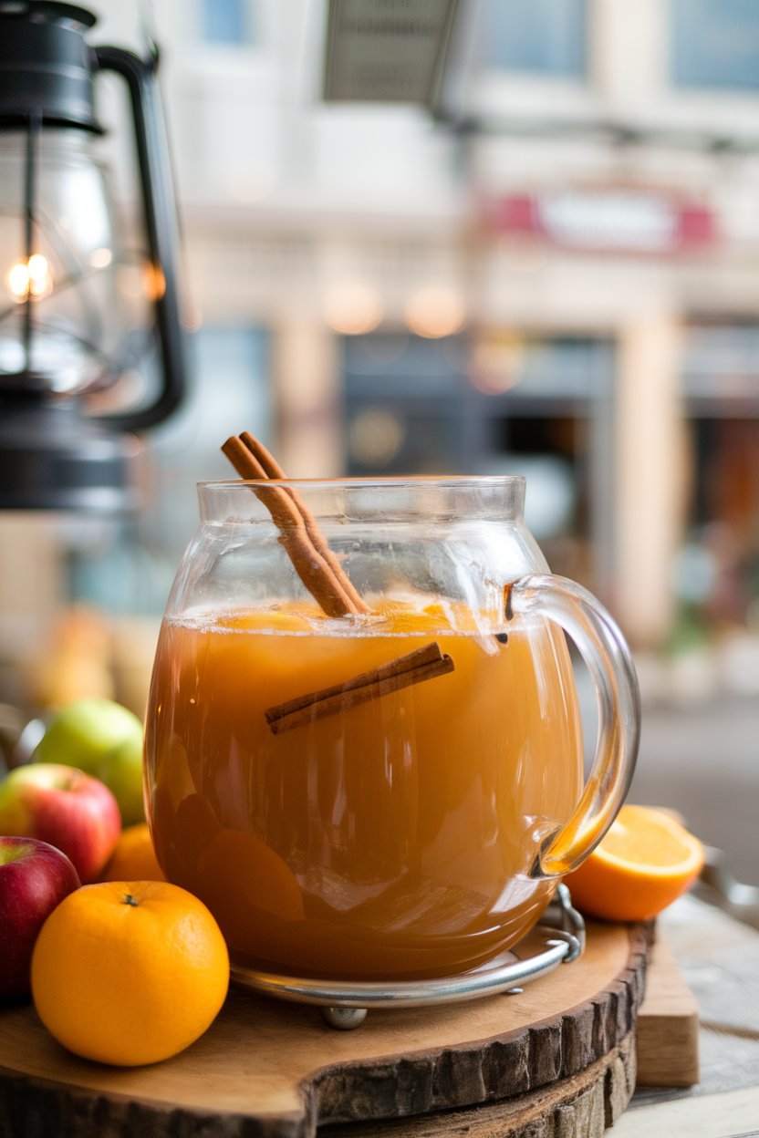 Indoor photo of a heat-safe glass punch bowl filled with warm apple cider, cinnamon sticks floating; no text or logos.