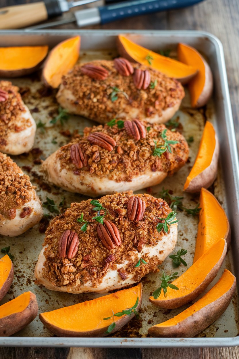 Indoor photo of pecan-crumb crusted chicken breasts baked golden, sweet-potato wedges roasted alongside on a sheet pan. No text or logos.